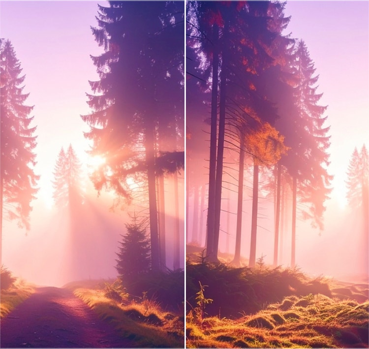 Immagini prima e dopo che mostrano la perfetta sostituzione di una strada sterrata in una foresta con piante e rocce grazie a Firefly.