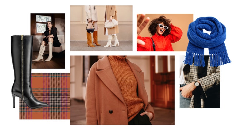 Una fashion moodboard generata con il creatore di moodboard Firefly, che include i capi e gli accessori più amati per l'autunno come sciarpe, cappotti e stivali.