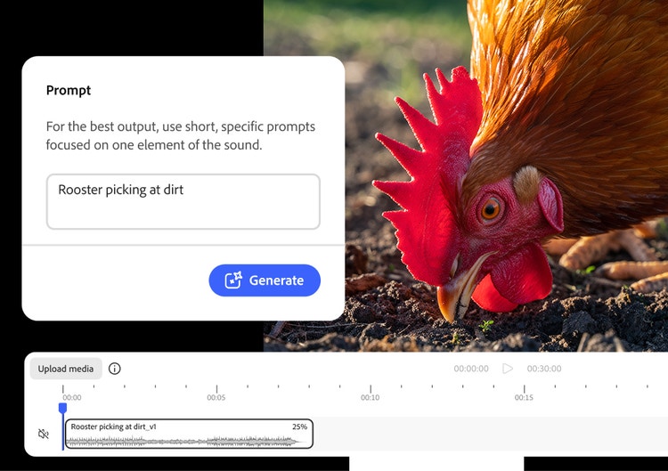 Un fermo immagine di un gallo sopra la timeline video con sovrapposto il prompt “gallo che becca la terra” e la traccia audio nella timeline.