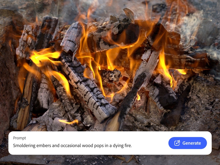 Primo piano di un fuoco di legna con il prompt di testo usato per generare effetti sonori ambientali della natura come un falò scoppiettante con il generatore di suoni IA di Firefly.