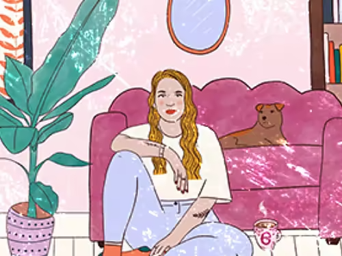 L'illustrazione colorata di una persona con il suo cane in posa in un salotto con sovrapposta una texture effetto invecchiato.