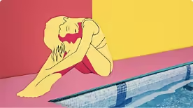 Un esempio di disegno line art. L'illustrazione di una persona seduta a bordo piscina.