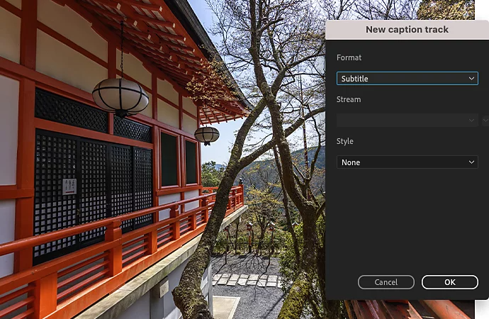 The Adobe {{premiere}} caption pane superimposed over an image of a house