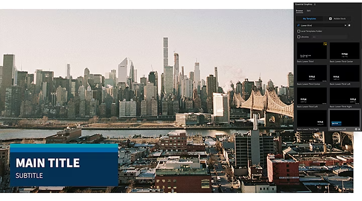 Adding a "main title" lower third to an image of a cityscape in Adobe {{premiere}}