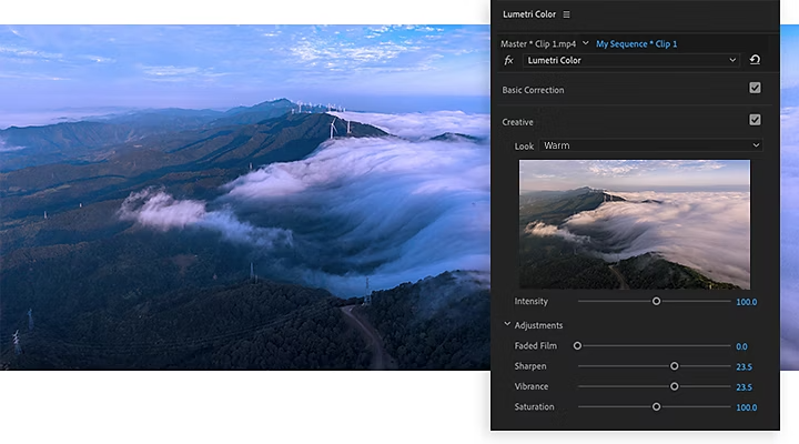 Меню цветокоррекции Adobe Premiere Pro, наложенное на фотографию облаков над горой