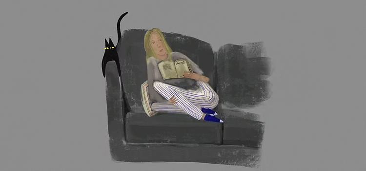 Раскадровка с кошкой, которая пытается привлечь внимание женщины, читающей книгу на диване.