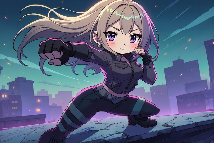 Ilustración moderna de estilo anime de una joven decidida en posición de combate, extendiendo un puño enguantado hacia el espectador. Tiene el pelo largo y rubio recogido en una cola alta, grandes ojos expresivos de color morado y viste un ajustado atuendo táctico negro. Un horizonte urbano nocturno estilizado con luces brillantes forma el fondo, mientras que el trazo limpio, los colores llamativos y la perspectiva dinámica enfatizan la acción y la energía.
