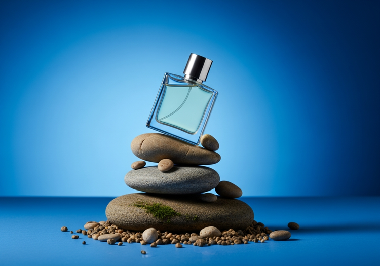 Foto generada con IA de un frasco de perfume en equilibrio sobre rocas y guijarros con un fondo azul intenso