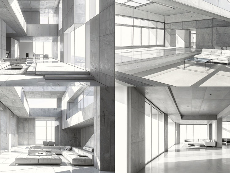 Cuatro renders arquitectónicos conceptuales en escala de grises muestran interiores minimalistas de concreto con ventanas amplias