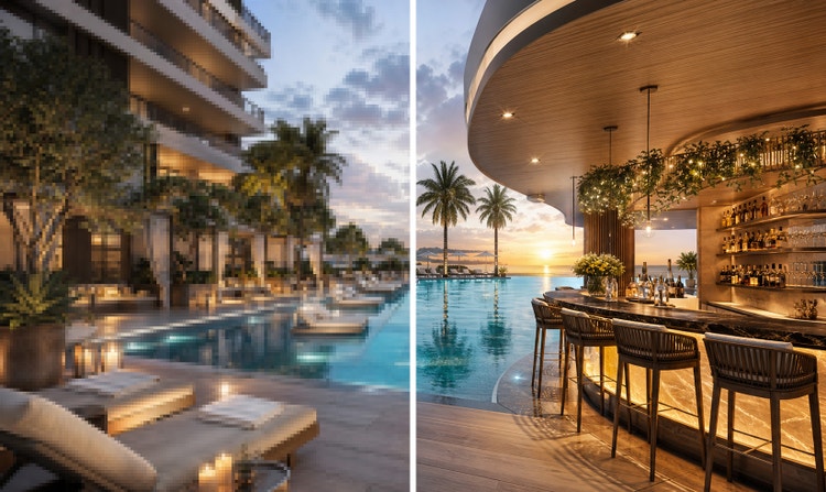 Renderizado arquitectónico dividido que muestra un concepto borroso de resort con piscina a la izquierda y un render acabado de un bar frente al mar a la derecha