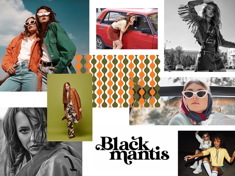 Tablero conceptual de marca de moda generado con IA que presenta patrones retro e imágenes de referencia para lograr una imagen de marca cohesiva