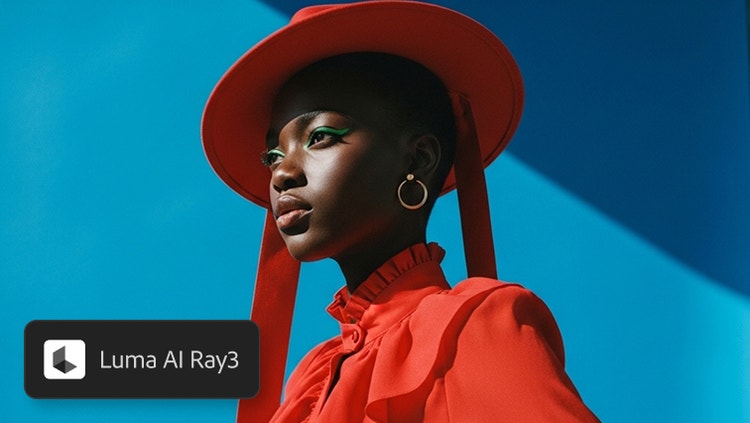 Retrato de una persona con vestimenta y sombrero rojos, con maquillaje de ojos verde y fondo azul brillante, etiquetada como “Ray3 de Luma IA”