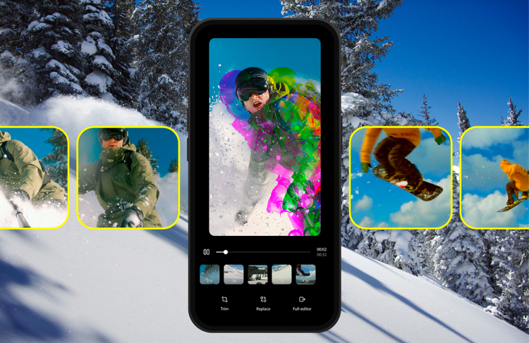 Interfaz de edición de Premiere para iPhone que muestra imágenes de un esquiador de snowboard sobre un fondo nevado