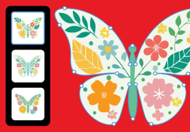 Dibujo de una mariposa con flores y hojas dibujadas en las alas