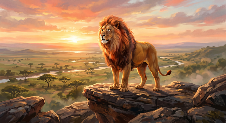 León macho generado con IA parado sobre rocas encima de una sabana