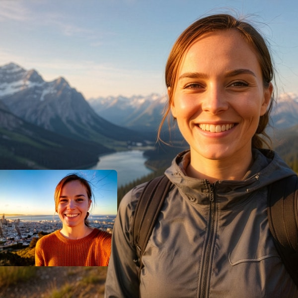 Mujer sonriente con equipo de senderismo tomándose una selfie durante la hora dorada, con un valle montañoso y un lago de fondo, junto a un retrato de referencia de la misma mujer en un entorno urbano