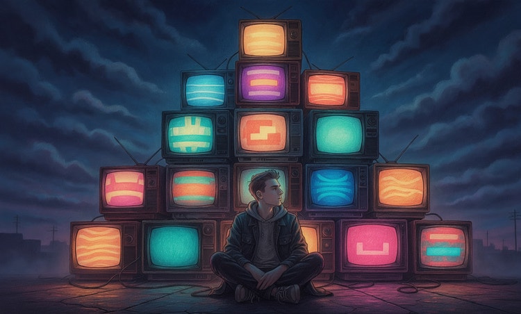 Imagen de un joven sentado ante una pila de televisores antiguos que muestran patrones brillantes; se superpone la indicación de texto utilizada para generar la imagen