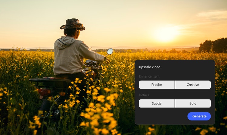 Un hombre en una motocicleta en un campo de flores silvestres brillantes mira hacia el atardecer, con una superposición de la interfaz del escalador de Firefly