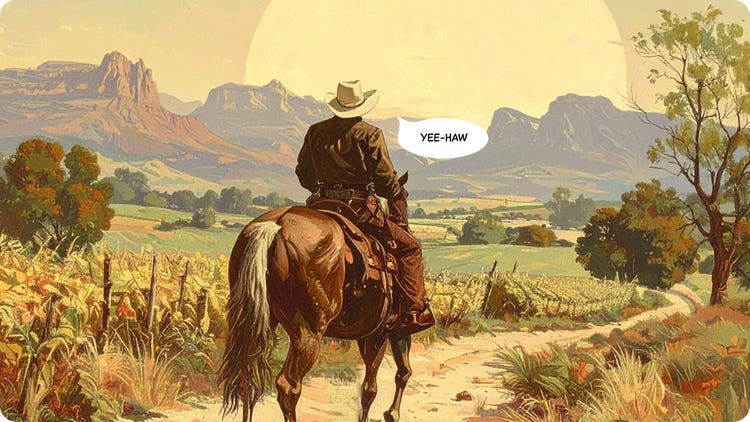 Imagen generada con IA en estilo cómic pictórico que muestra a un vaquero y su caballo cabalgando hacia una cordillera, con un globo de diálogo creado con el generador de cómics con IA