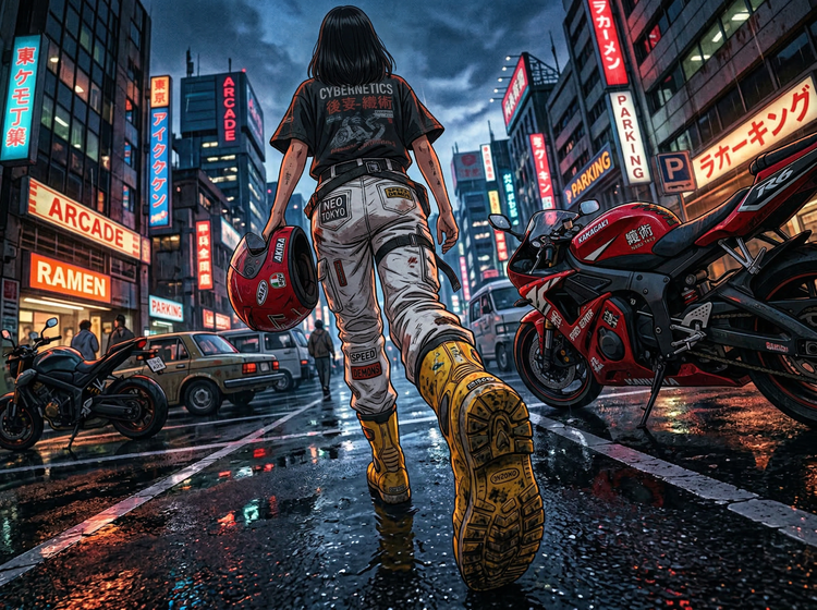 Caricatura estilo anime generada con IA de una chica sosteniendo un casco de motocicleta en una mano y caminando por una calle urbana realista, vista desde atrás