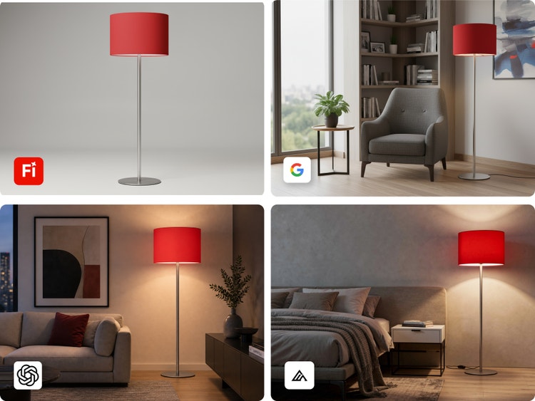 Cuatro variaciones generadas con IA que muestran la misma lámpara de pie roja, como producto independiente y ambientada en el interior de una sala de estar, sala de descanso y dormitorio
