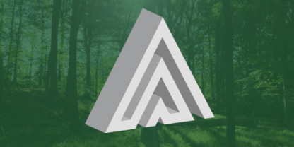3D logo against a forest background with a green overlay