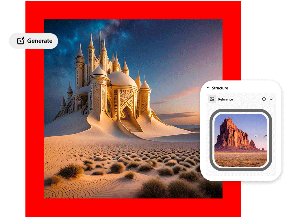 A gif of rotating AI-generated images including a sand castle, spaceship, earth-covered house, sun and cloud above the sky and a medieval castle all in the same style as the referenced image from Adobe Firefly