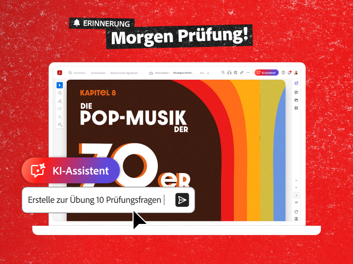 Ein Laptop mit einem PDF-Dokument zur Pop-Musik der 70er-Jahre und einem KI-Prompt zum Erstellen von 10 Testfragen zur Vorbereitung auf ein Examen.