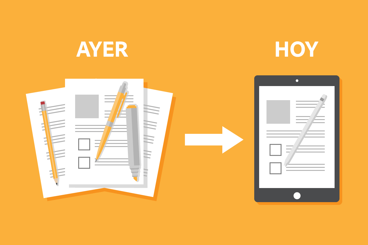 La gestión de varios documentos en papel comparada con la moderna gestión de documentos digitales en una tableta