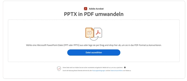 Screenshot zeigt Onlinetool von Acrobat zum Umwandeln von PPTX in PDF.
