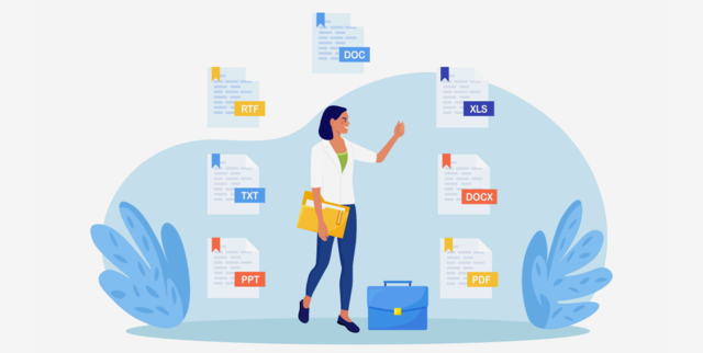 La ilustración muestra una mujer rodeada de diversos formatos de documentos
