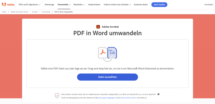 Screenshot der Uploadmaske des Adobe PDF-Converter PDF zu Word.