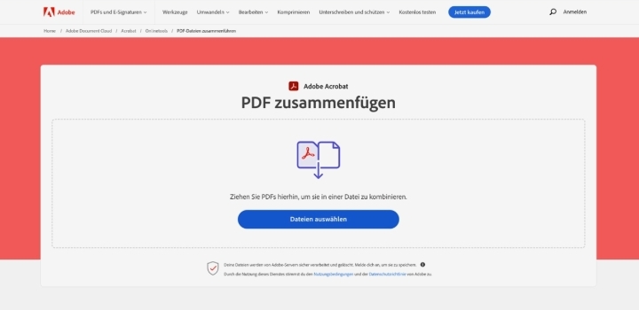 Screenshot des Acrobat Onlinetools zum Zusammenfügen von mehreren PDF-Dokumenten zu einer einzigen Datei