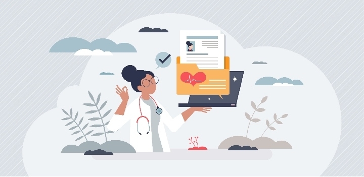 Illustration einer Ärztin, die einen Laptop mit einer digitalen Patientenakte auf einer Hand balanciert.