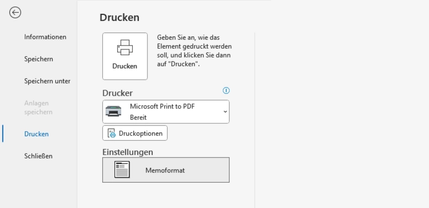 Screenshot, wie du über die Druckfunktion eine EML-Datei als PDF speicherst.