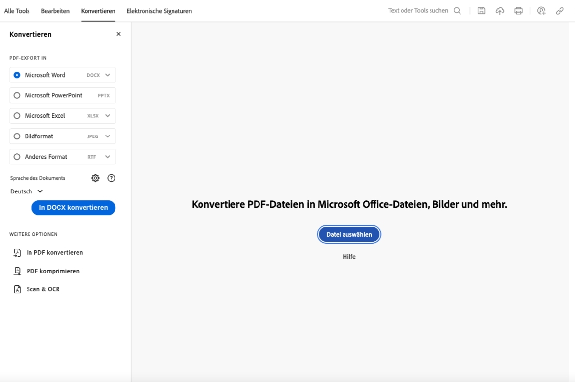 Screenshot des Konvertierungsprozesses von Pages zu Word in Adobe Acrobat.