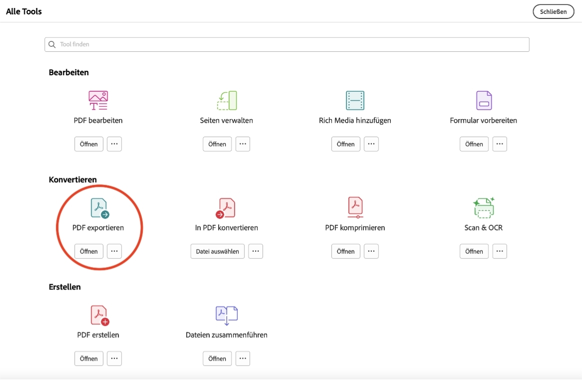 Screenshot der Benutzeroberfläche von Adobe Acrobat mit allen Funktionen.