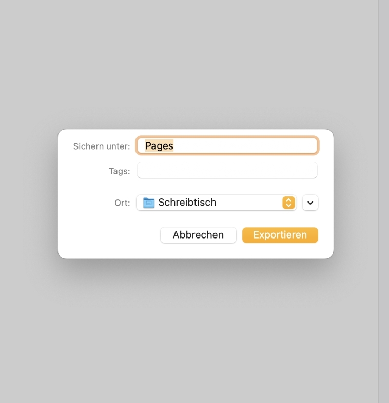 Screenshot des Speichervorgangs einer Pages-Datei in Word.