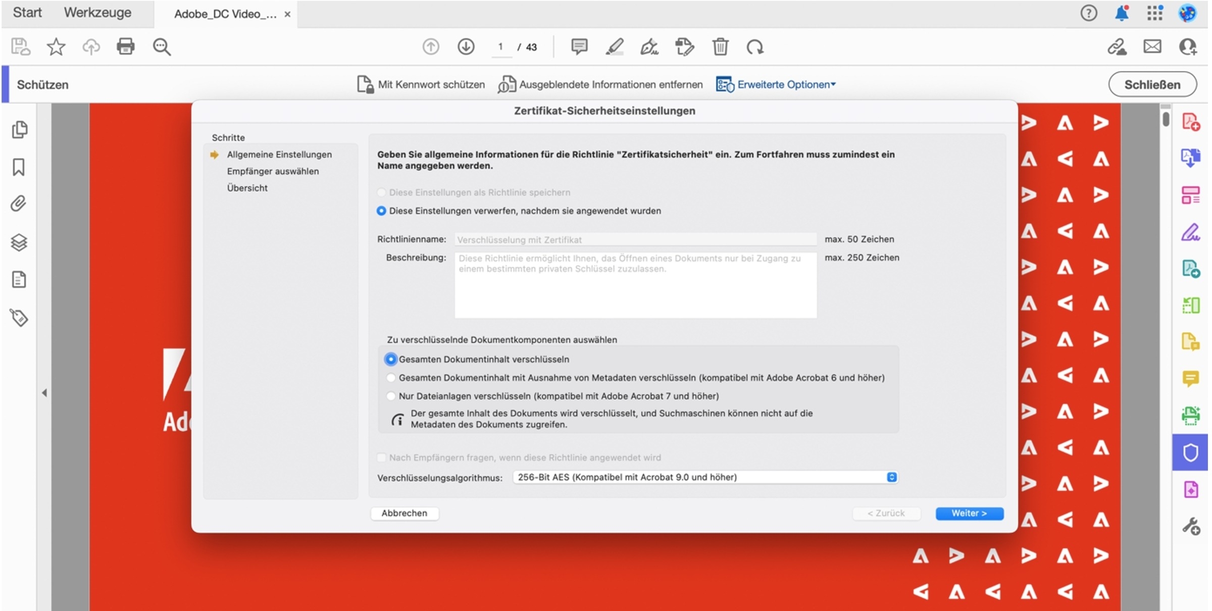Screenshot wie man mit Adobe Acrobat Pro ein Dokument mit einem Zertifikat verschlüsseln kann.