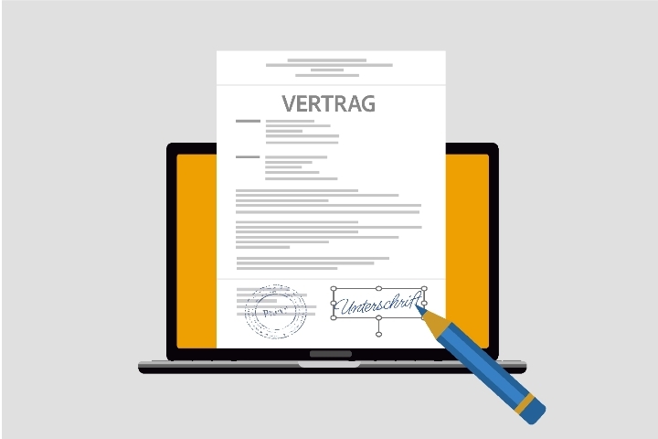 Illustration: Ein Vertrag wird mithilfe von OCR in ein bearbeitbares Word-Dokument umgewandelt. 