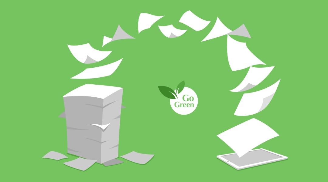 Ein Papierstapel, der digitalisiert wird um den Verzicht auf Papier zu symbolisieren.  
