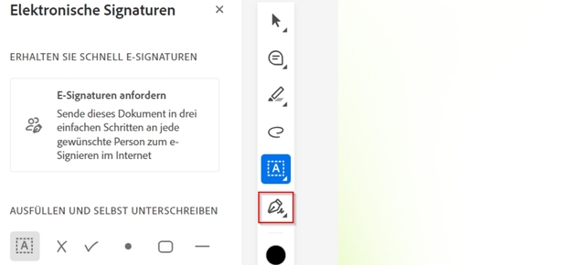 Öffnen des Acrobat Onlinetools zum Unterschreiben via Füller-Symbol