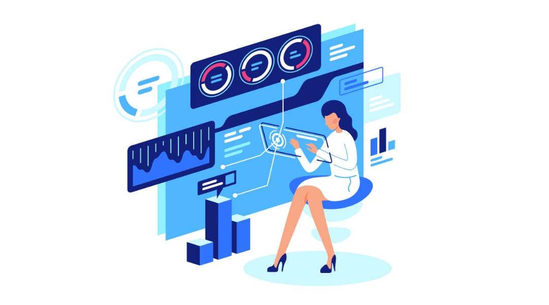 Illustration einer Frau, die mit einem komplexen Programm verschiedene Unternehmensprozesse steuert. 