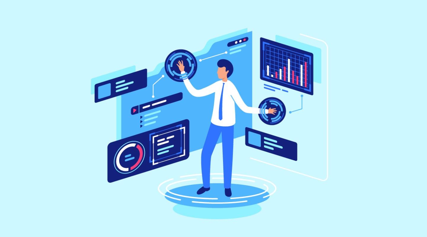 Illustration eines Mannes, der ein komplexes Programm nutzt, um verschiedene Daten und Statistiken zu verwalten.