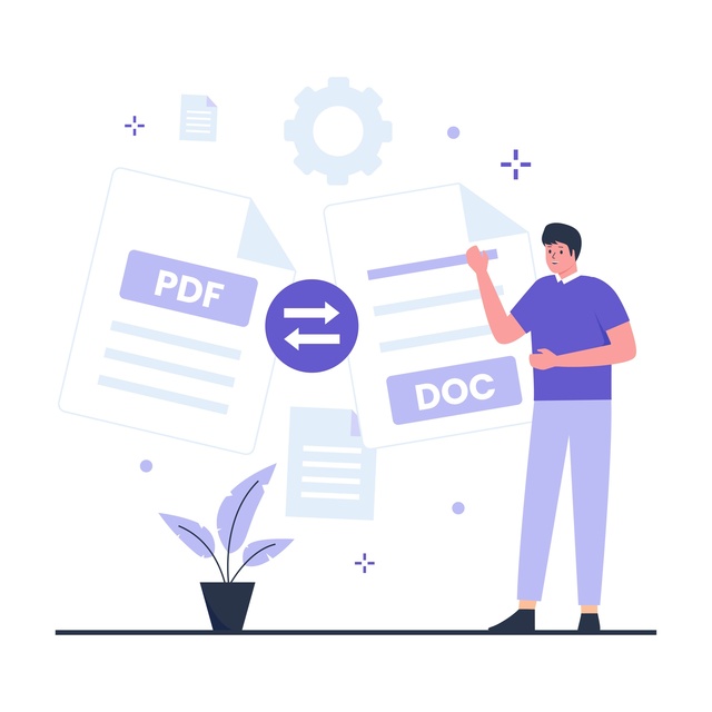 Illustration eines PDF-Dokuments, das in ein Word-Dokument umgewandelt wird.