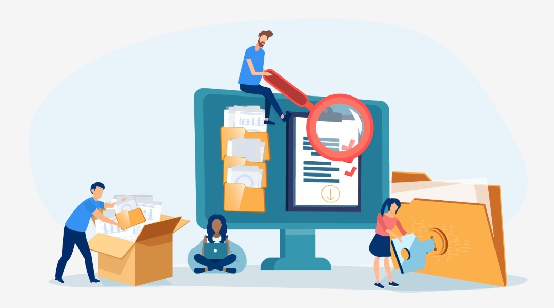 Illustration mehrerer Büroangestellter, die gemeinsam digitale Dokumente verwalten.