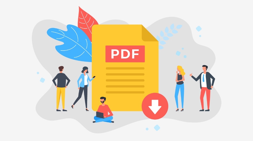 Illustration eines PDF-Dokuments, das von mehreren Menschen bearbeitet wird. 