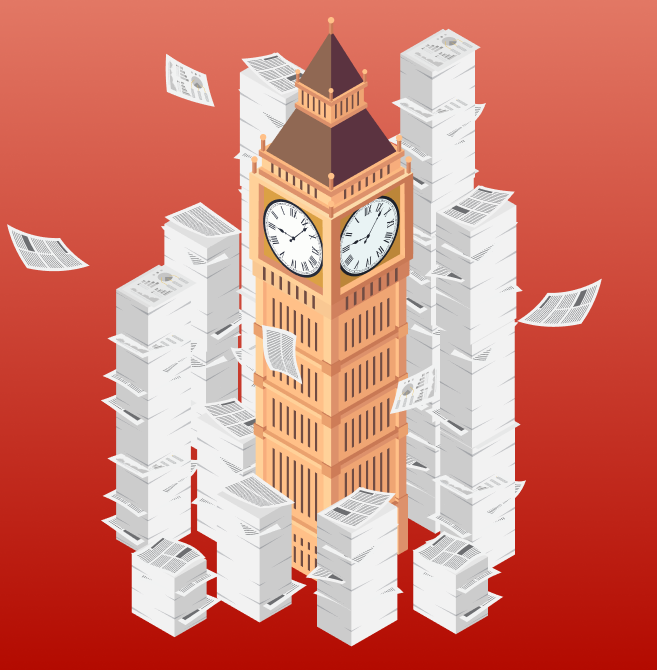 stacks of paper next to Big Ben