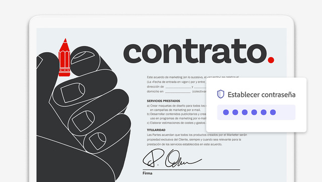 Una imagen de un contrato que muestra un gráfico de una mano de gran tamaño cuyos dedos sujetan un diminuto lapicero rojo. La palabra “Contrato” aparece en letras grandes en la parte superior. El texto del contrato detalla un acuerdo de marketing que abarca servicios de diseño y la titularidad del trabajo, y hay una firma en la parte inferior sobre una línea de firma.
