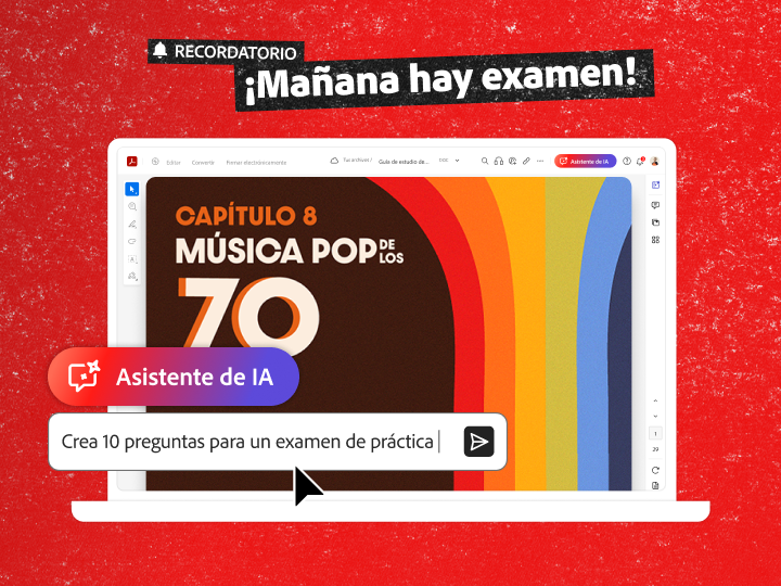 Ordenador portátil con un archivo PDF de “Pop Music of the '70s” (Música pop de los años 70) y un ejemplo de indicación de IA para crear 10 preguntas de práctica para un examen.